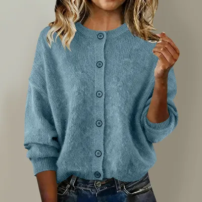 Solid-color Casual Chic Round-neck Long-sleeve Knit Cardigan