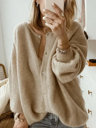 Oversized Crew Neck Button Knit Cardigan Women Soft Puff Sleeve Sweater Coat