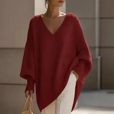 Solid-color Long-sleeve V-neck Laid-back Style Womens Sweater Top