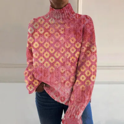 3D Floral Pattern Printing Independent Station High Neck Long Sleeve Sweaters