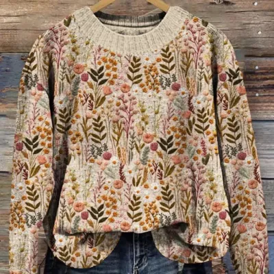Abstract Style Printed Drop-shoulder Long-sleeve Women's Sweater Casual