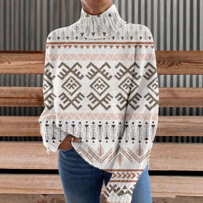 3D Striped Pattern Printed Turtleneck Long Sleeve Sweater