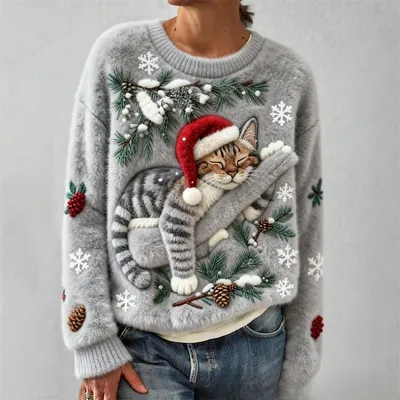 3D Digital Printed Flannel Christmas Women's Round Neck Sweatshirt