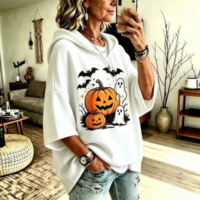 Digital-print Halloween Casual Loose-fit Hooded Sweatshirt