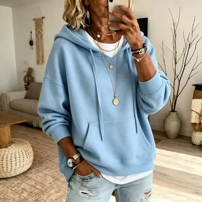 Womens Casual Loose-fitting Hoodie With Pockets And Long Sleeves