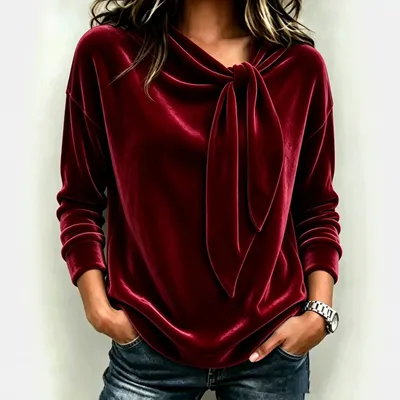 Womens Velvet Sweater With Bow-Knot
