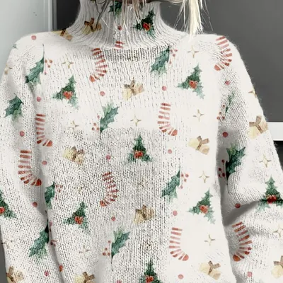3D Color Matching Printed Turtleneck Long-sleeved Sweater