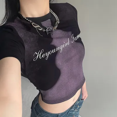 Abstract Face Print Color Contrast T-shirt Women's Slim Fit