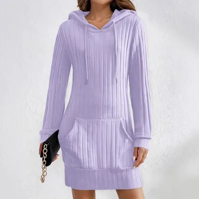 Knitted Hooded Ribbed Pocket Long-sleeve Dress