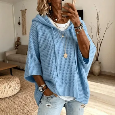 Womens Solid-color Casual Loose-fitting Hooded Sweater